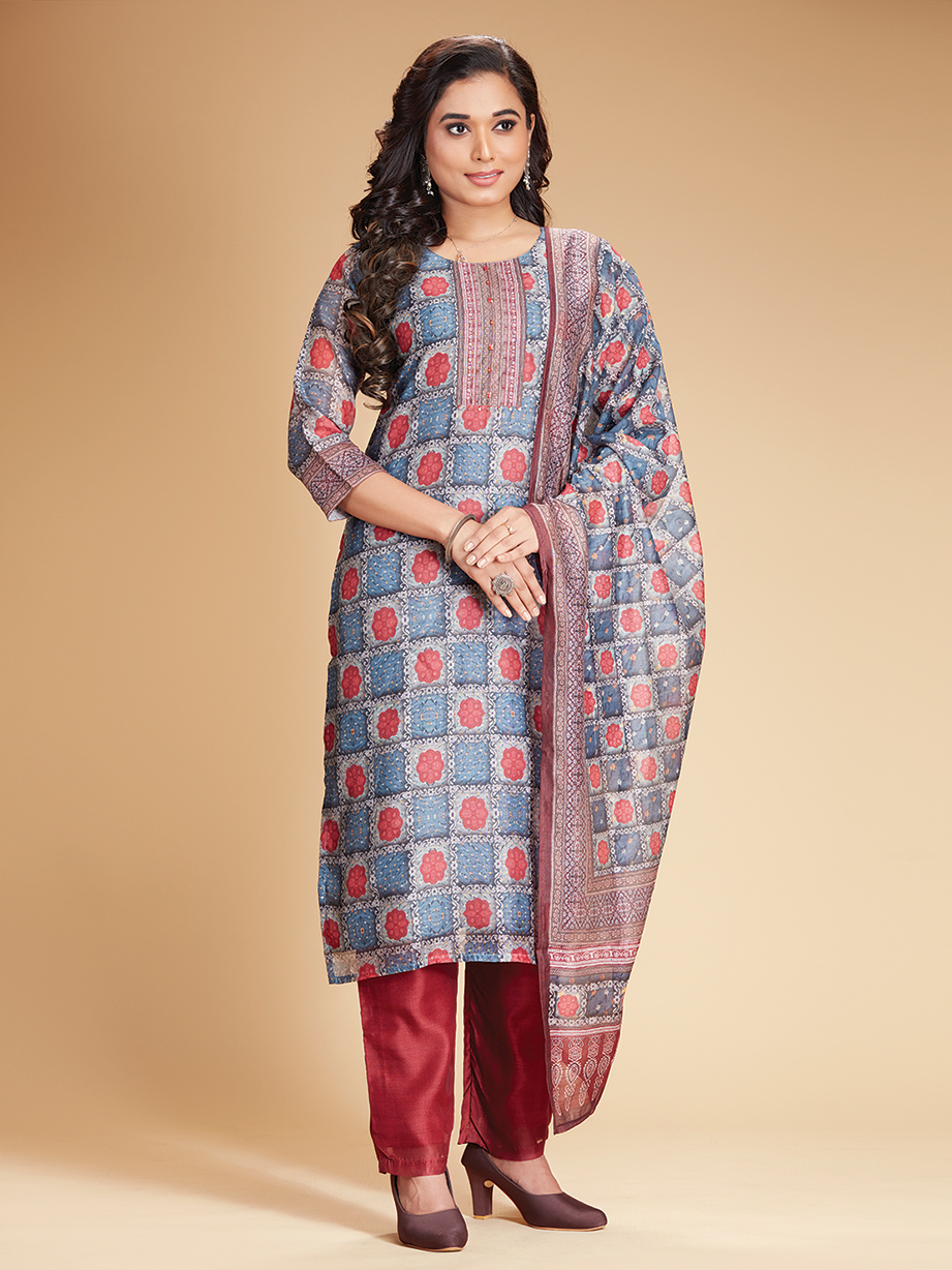 Blue 3-Piece Suit Set with Dupatta