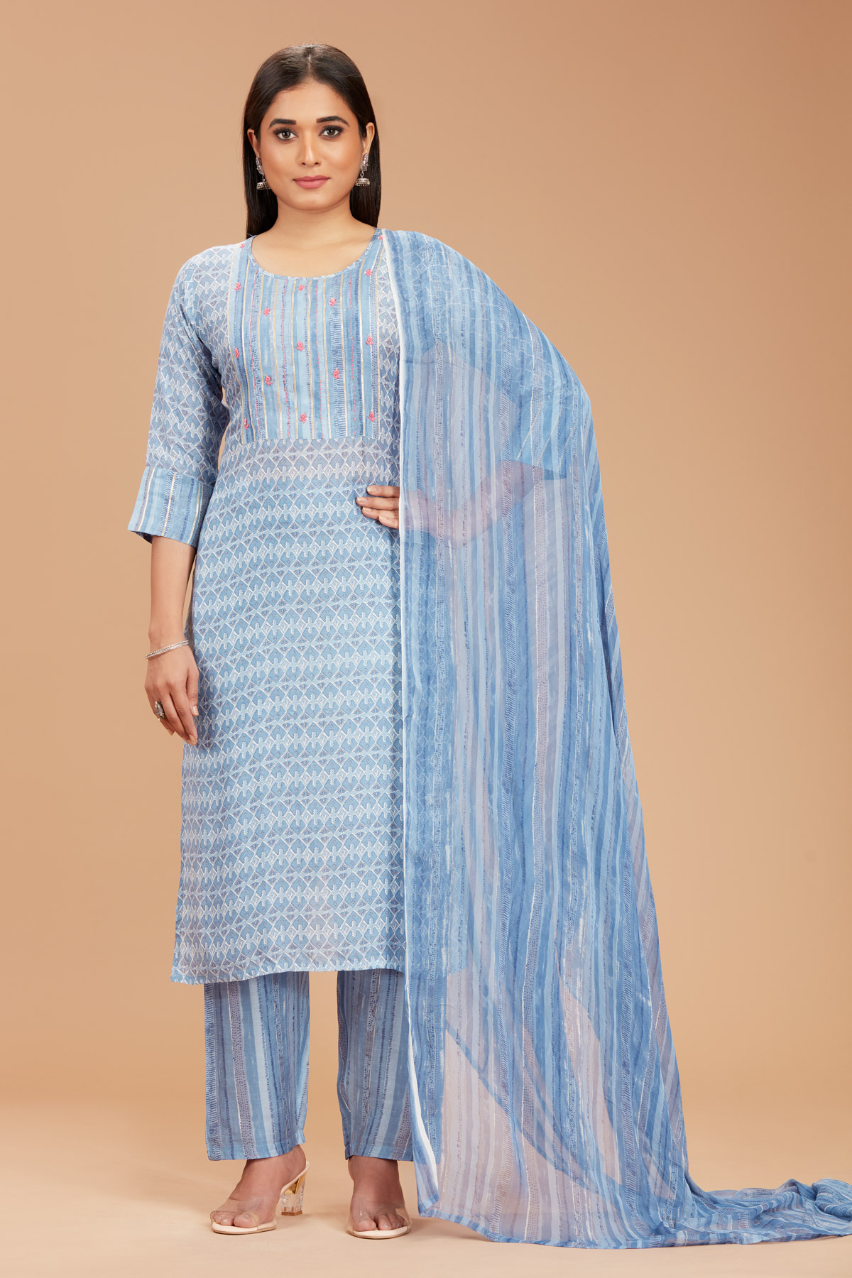 Blue 3 Piece Suit Set With Dupatta