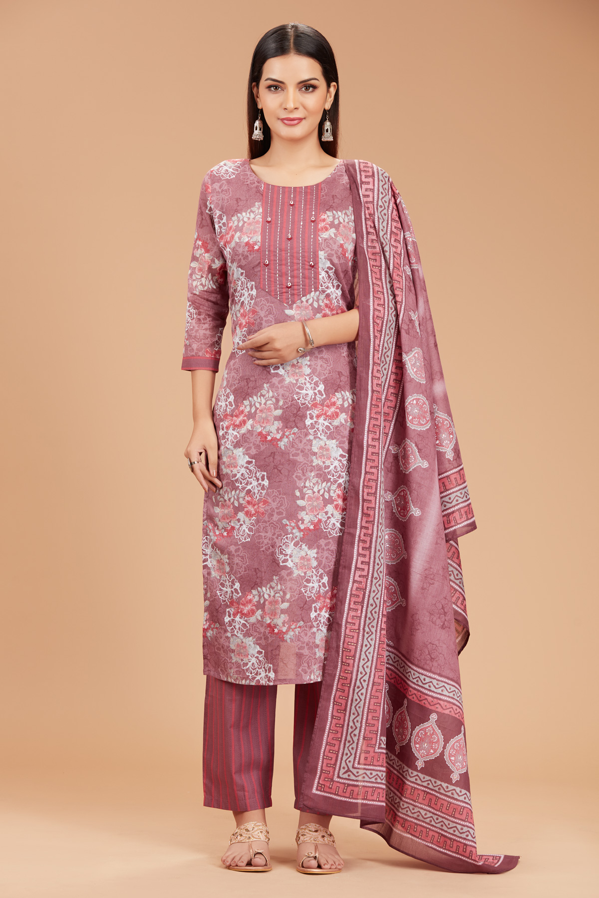 Onion Pink 3 Piece Suit Set With Dupatta