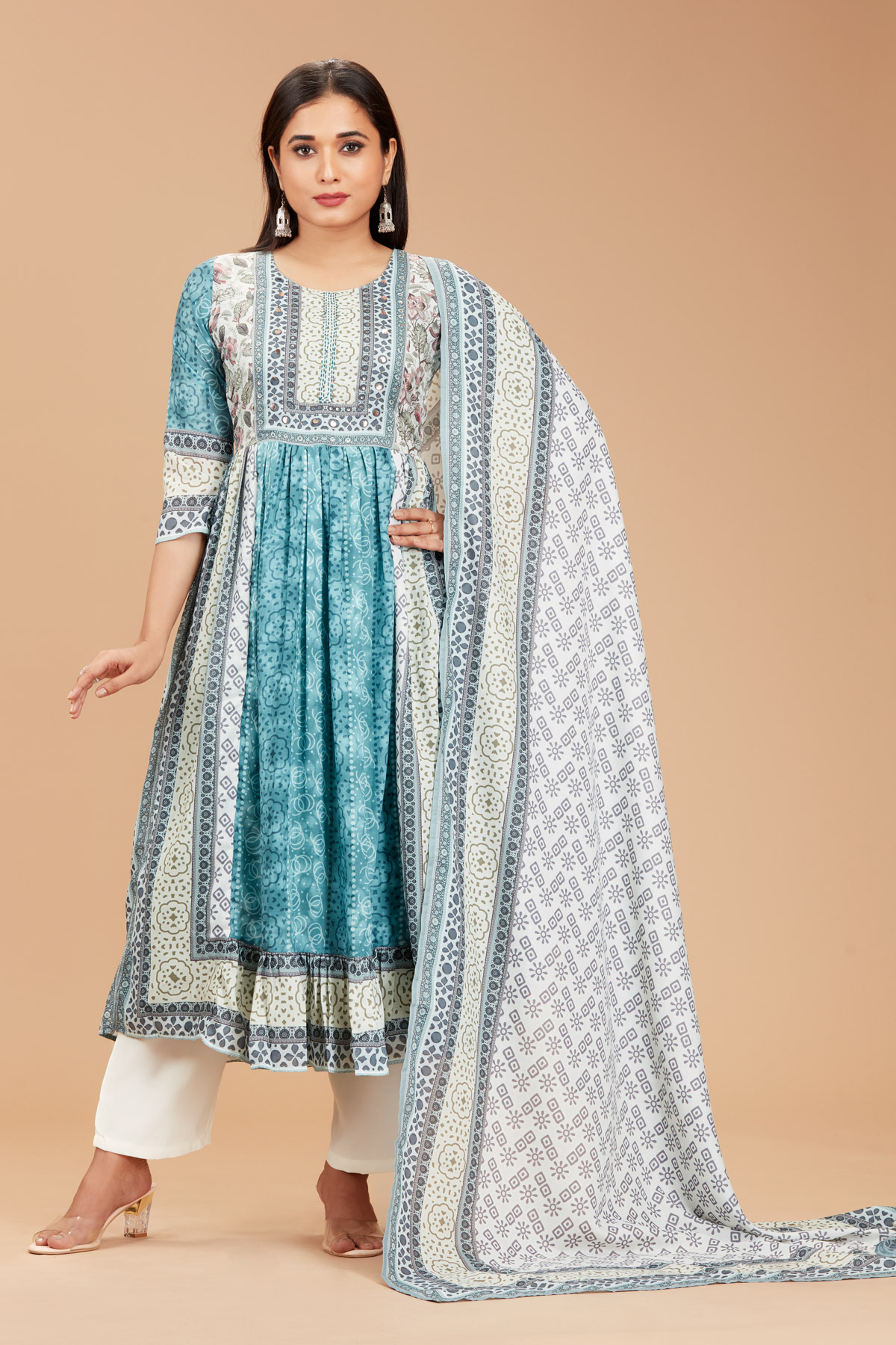 Blue Printed Kurti With Dupatta